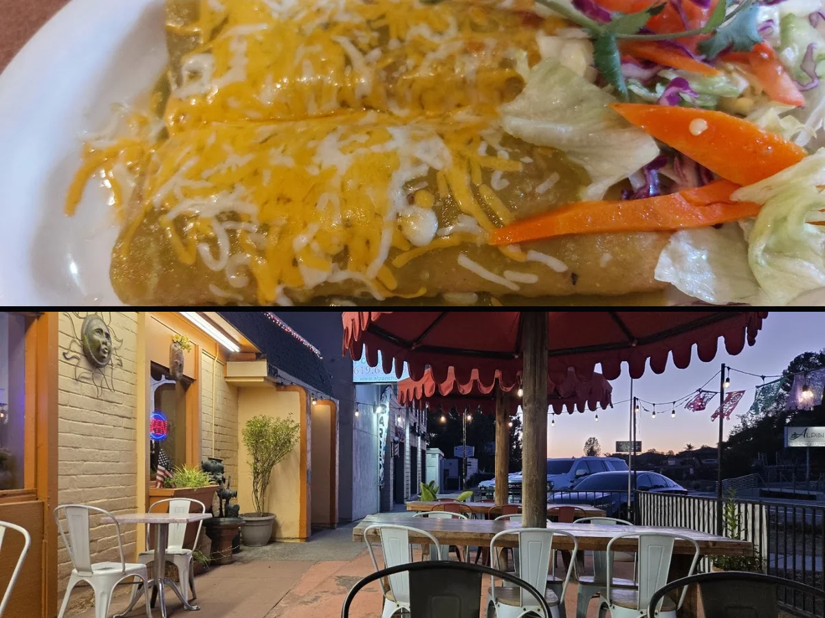 Outdoor seating beside a Mexican restaurant.